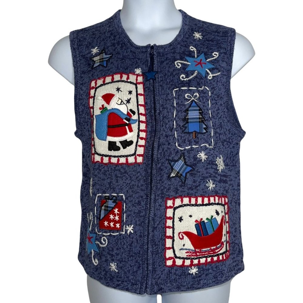 Bobbie Brooks Santa Christmas Sleigh Snowflakes Cardigan Sweater Vest L 12/14